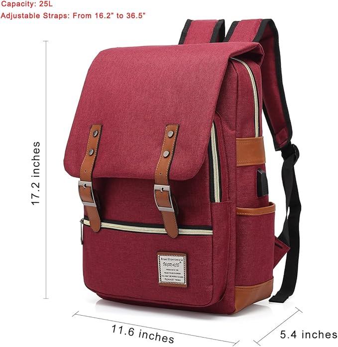 UGRACE Vintage Laptop Backpack with USB Charging Port, Elegant Water Resistant Travelling Backpack Casual Daypacks College Shoulder Bag for Men Women, Fits up to 15.6Inch Laptop in Red