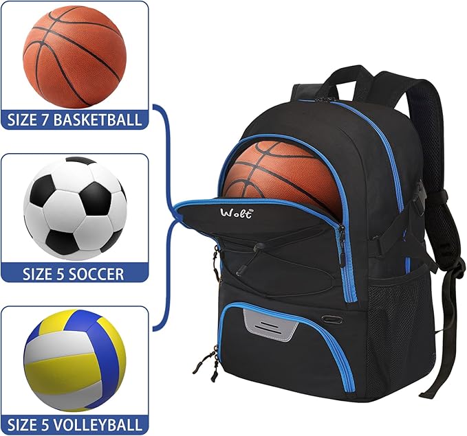 WOLT Basketball Backpack Large Sports Bag with Separate Ball Holder & Shoes Compartment, Best for Basketball, Soccer,Gym