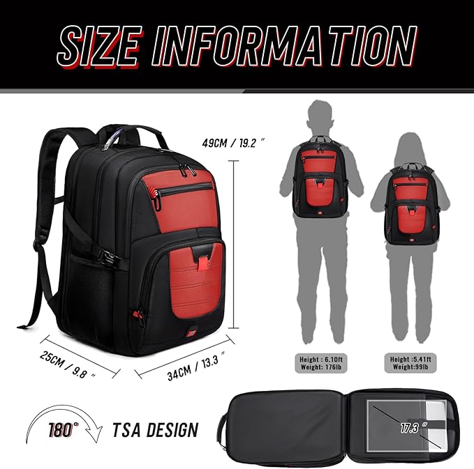 Z-MGKISS Big Travel Backpack, Large Laptop Backpack, TSA Approved Bag, Anti-Theft Water Resistant Computer Daypack 17.3 Inch, Red