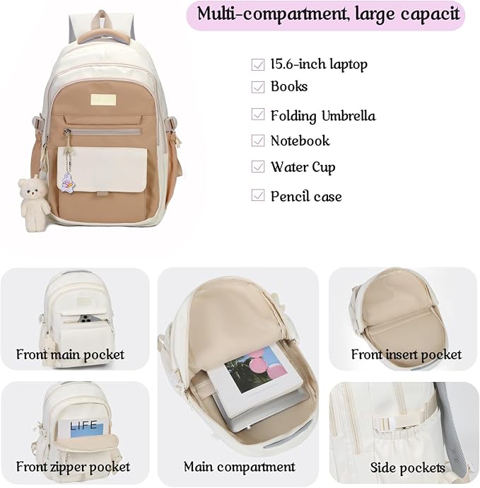 Girls Backpack for College High Middle School Student, Cute Aesthetic Bookbag for Teens Women with Accessories,Khaki Beige