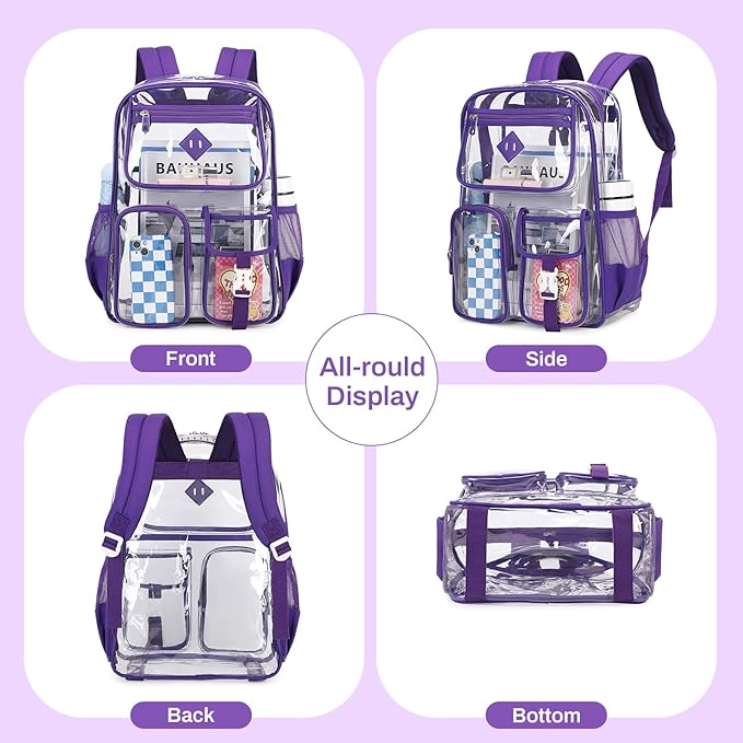 Clear Backpack for School,Heavy Duty PVC Transparent Bookbag for Girls Stadium Approved See Through Backpack