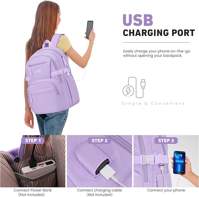Backpack for School Girls, Cute High School Backpacks for Teens Women Student Large Bookbag 15.6 Inch Laptop Bag with USB Charger Port for College Work Travel Trip (Purple)
