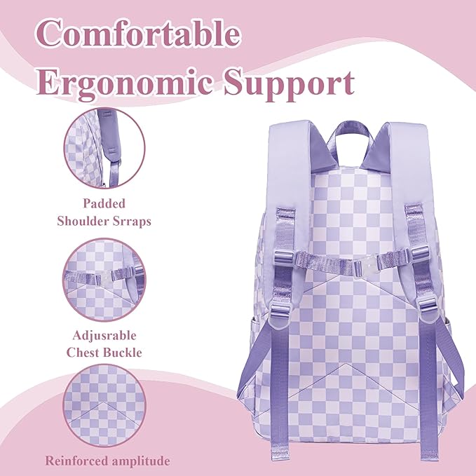 LEDAOU Kids School Backpack with Lunch Box for Girls Kindergarten Elementray BookBag School Bag Preschool Toddler Backpack (Purple Checkered)