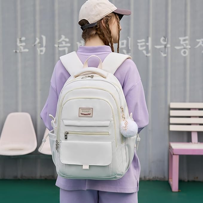 Laptop Backpack 15.6 Inch College Backpacks for Women, School Backpack for Girls,Students Aesthetic Anti Theft Travel Daypack Large Bookbags Middle High School Back Pack(Beige)