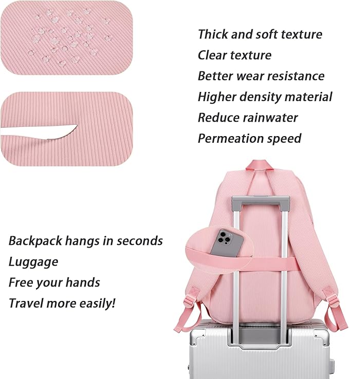 Girls Laptop Backpack Corduroy Bookbag For Teen Big Studen School Bag Durable Travel Daypack (3pink)