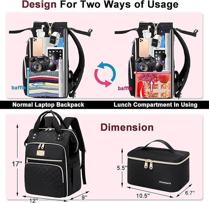 Weitars Lunch Backpack For Women,15.6 Inch Laptop Backpacks For Womens Back pack, Travel Backpacks,Work Backpack For Women (Black)