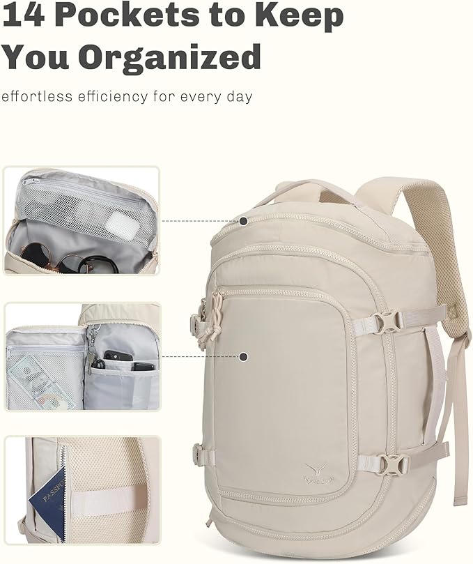 Hynes Eagle Travel Laptop Backpack 16 inches Lightweight Flight Approved Carry on Personal Item Bag Weekender Bag Daypack 20L Beige