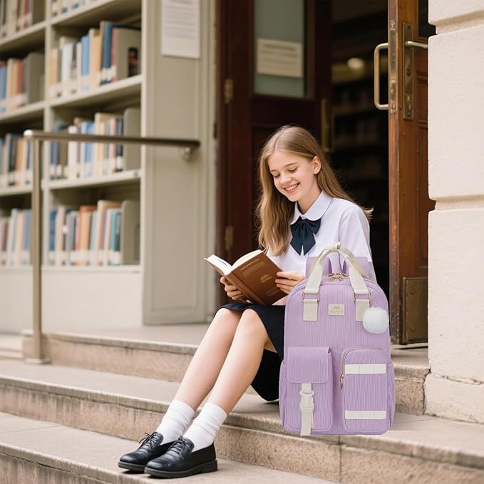 MATEIN Cute School Backpack for Teens Girls, 15.6 Inch Kawaii College Backpack Corduroy Computer Bookbag, TSA Lightweight Laptop Back Pack Aesthetic Preppy Kids Students, Purple