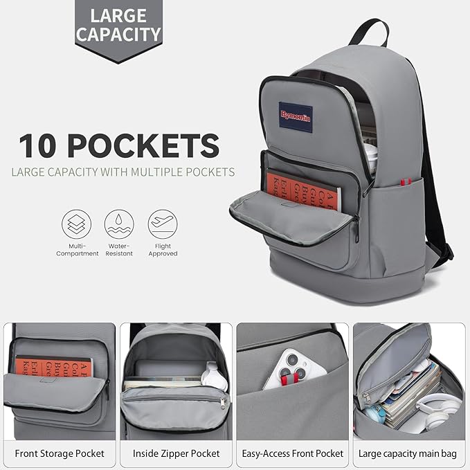 Classic Casual Backpack, Lightweight Daypack with 10 Pockets, Laptop Compartment, EVA Foam Pad (Grey)