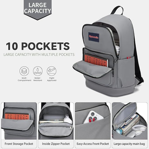 Classic Casual Backpack, Lightweight Daypack with 10 Pockets, Laptop Compartment, EVA Foam Pad (Grey)