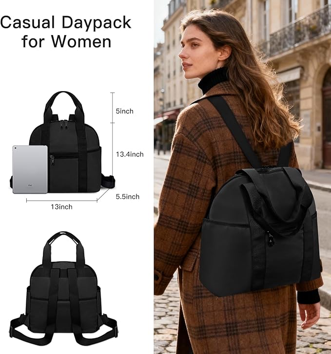 Women’s Backpack Purse Medium Size with Trolley Sleeve, Adjustable Strap/Top Handle, Water Resistant Travel Daypack, Black