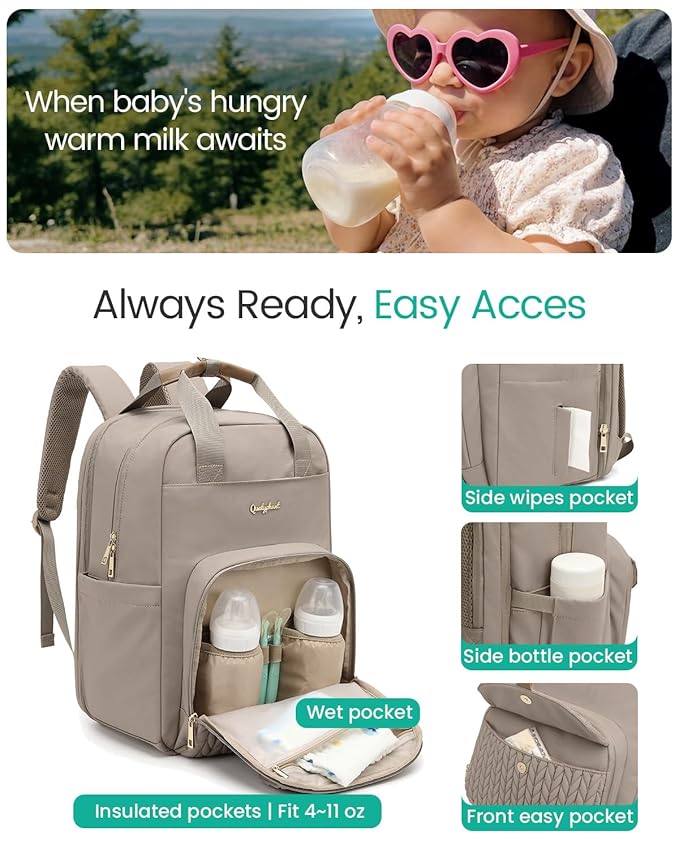 Extra Large Diaper Bag Backpack for Two Kids Twins - Expandable (26-36L) Baby Bag for Mom Girls Boys, Dual Big Compartments - Includes Changing Pad & Stroller Straps, Khaki, Quilted