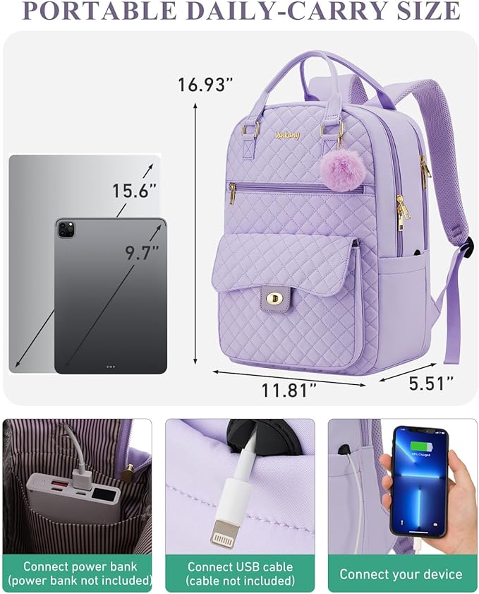 Cute Backpacks for Girls, Big Student Laptop Bag for College Women Middle High School Teens Designer Bookbag Purse Daypack Travel, Purple