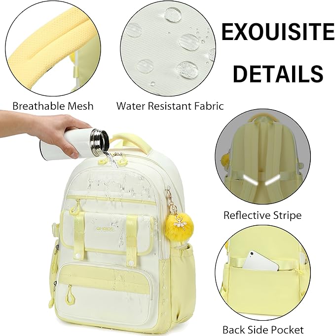 School Backpack for Girls, Laptop Backpack 15.6 Inch Kids Elementary Middle High School Bag Anti Theft Cute College Bookbags for Teens Girls Women Students Casual Travel Daypack,Yellow Beige