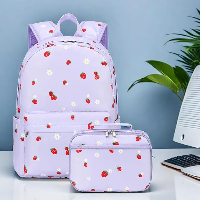 LEDAOU Kids School Backpack with Lunch Box for Girls Kindergarten Elementary BookBag School Bag Preschool Toddler Backpack(Purple Strawberry)