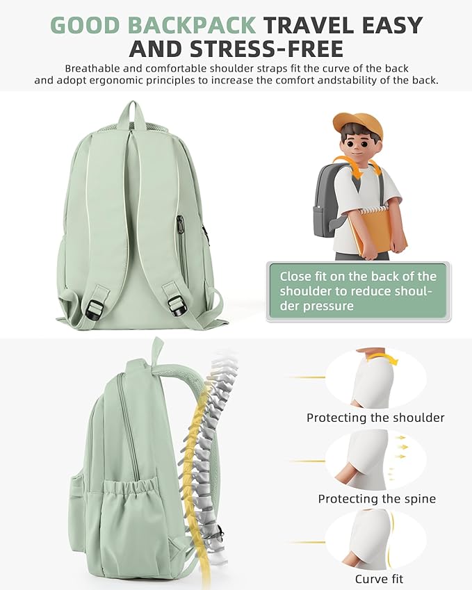 Lightweight Backpack for Women Men Laptop Travel Work Casual Daypack College Bags Cute Aesthetic Travel Backpack Casual Personal item Bag - Green