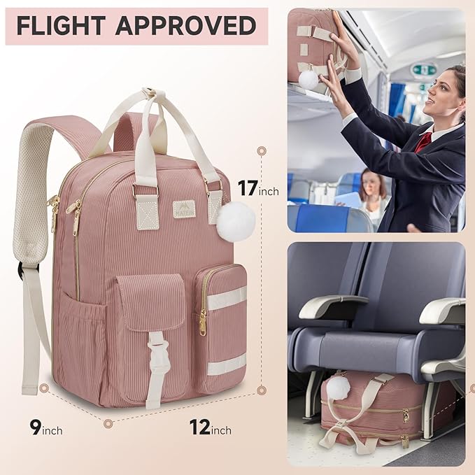 MATEIN Laptop Backpack for Women, Cute Corduroy Computer Backpack Water Bottle Holder, TSA Lightweight Aesthetic Bag Work Business Backpack College Teacher Bags, Pink