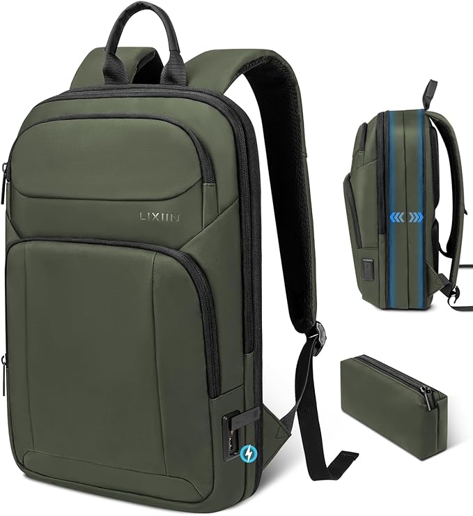 Backpack for Men Slim & Expandable Travel Laptop Backpack with USB Charging Port Water Resistant Anti-Theft Business Backpack Fits 15.6In Laptop for Commute Work College with Small Bag(Olive Green)