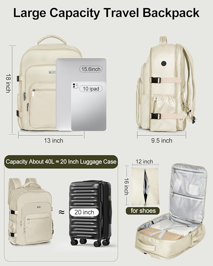 Travel Backpack for Women & Men, Large Carry On Personal Item Bag Airline Approved, Waterproof Traveling Overnight Bags, Gifts Laptop Backpack for Travelers College-Students Commuters (Beige)