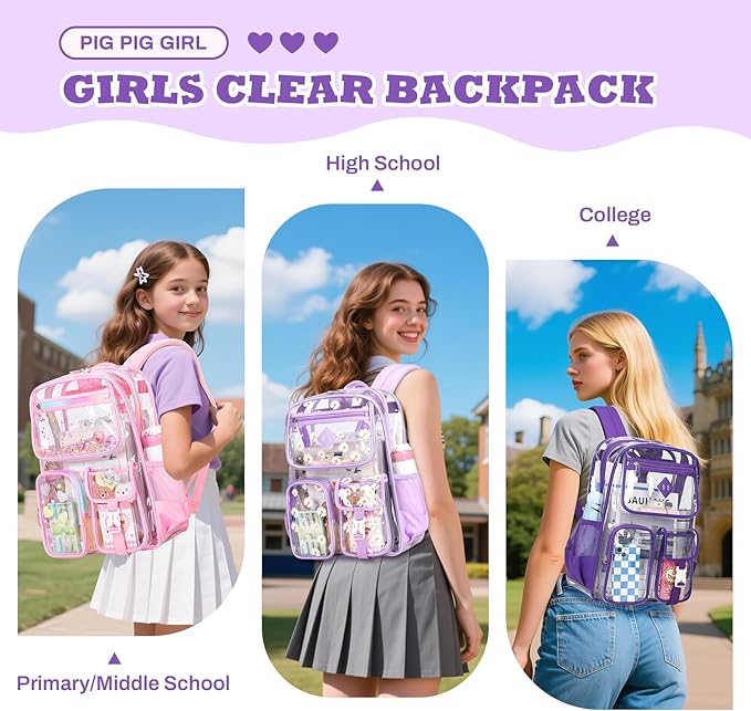 Clear Backpack for School,Heavy Duty PVC Transparent Bookbag for Girls Stadium Approved See Through Backpack