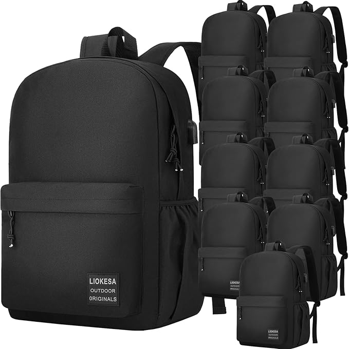 10 PCS Black Backpack for School Teens Boys Girls, Lightweight Casual Backpacks for Men and Women, Classic Basic Water Resistant Casual Daypack, 15.6 Inch Laptop Bookbag for College High School Work