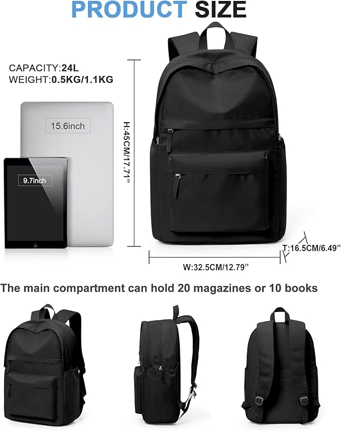 VGCUB Black School Backpacks Travel Book Bag Waterproof Work Light Aesthetic College Backpack for School Girls Boys Teens Mochilas Escolares Para Niñas Casual Daypack for Women Men