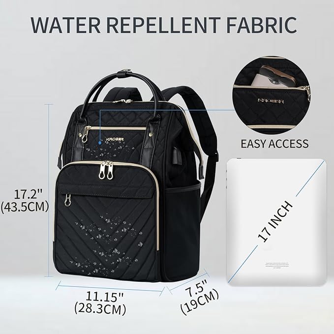 KROSER Laptop Backpack 17" Stylish Backpack Water Repellent College Casual Daypack with USB Port Travel Business Work Bag for Men/Women-Quilted | Water Repellent, College, Casual Daypack, USB Port, Travel, Business