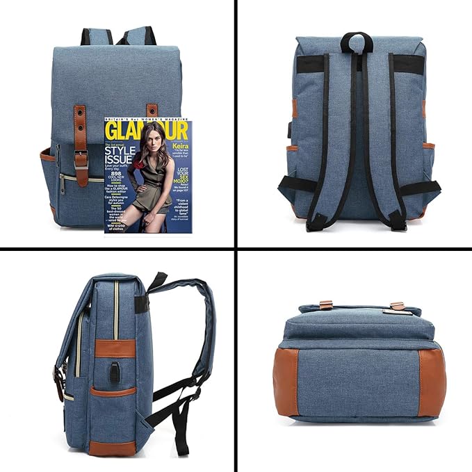 UGRACE Vintage Laptop Backpack with USB Charging Port, Elegant Water Resistant Travelling Backpack Casual Daypacks College Shoulder Bag for Men Women, Fits up to 15.6Inch Laptop in Blue
