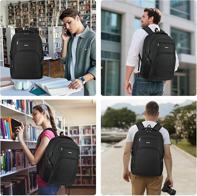 YAMTION Black Backpack for Men and Women, Laptop Backpack with USB Charging Port, School Backpack for Boys and Girls, Lightweight Bookbag, Work Backpack Fits 17.3 Inch Notebook