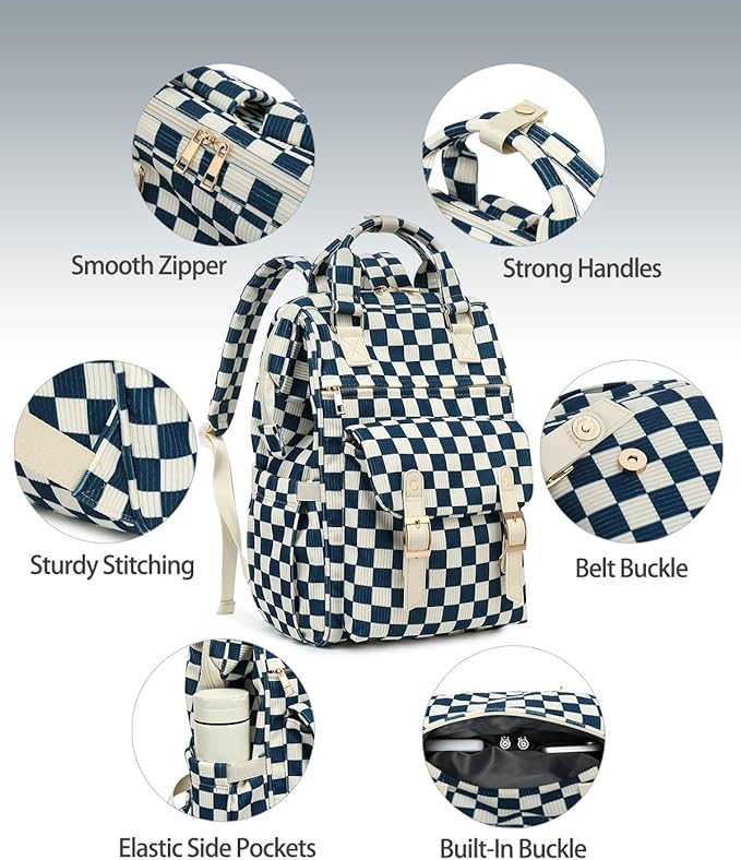 Laptop Backpacks for Women, Corduroy High School College Bookbag 15.6 Inch Laptop Bags for Girls Travel Daypack - Checkered Navy Blue