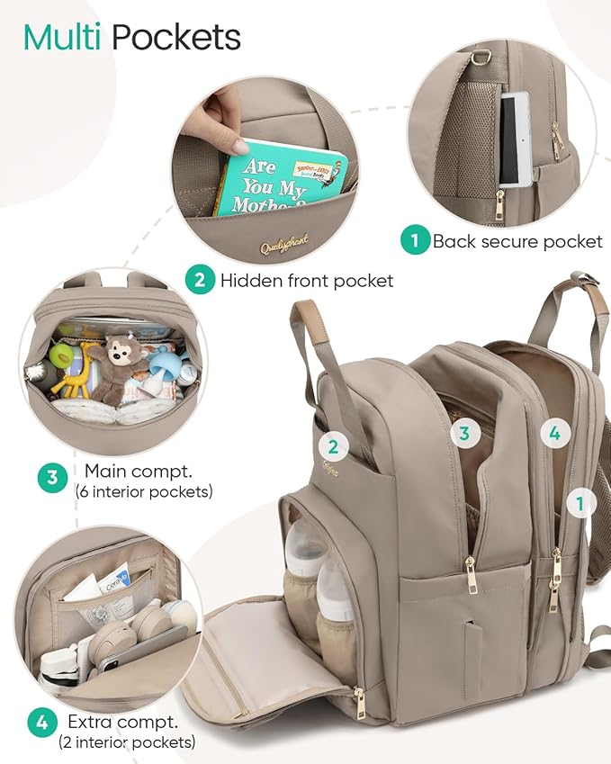 Extra Large Diaper Bag Backpack for Two Kids Twins - Expandable (26-36L) Baby Bag for Mom Girls Boys, Dual Big Compartments - Includes Changing Pad & Stroller Straps, Khaki, Quilted