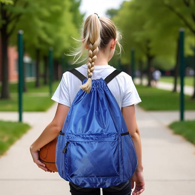 Drawstring Backpack, Gym Bag with Water Bottle Pocket, Waterproof String Backpack for Soccer, Basketball, Swim for Women Men (Blue