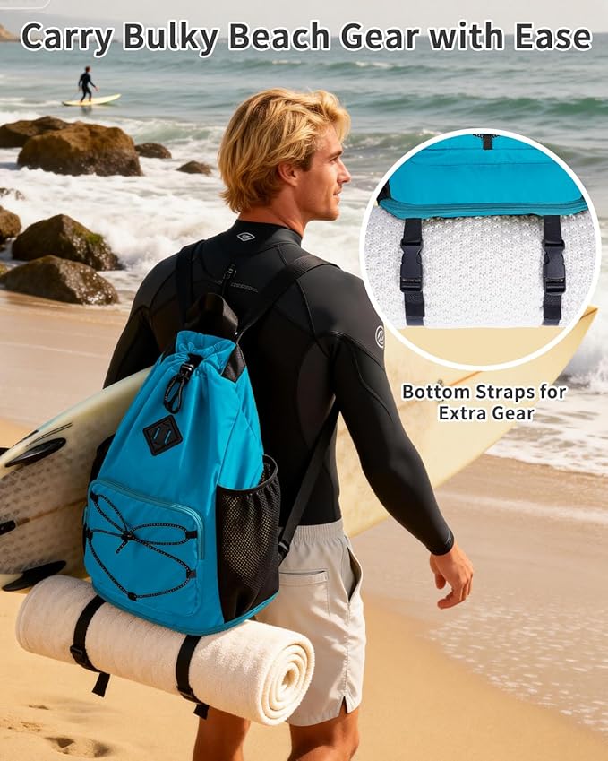 WANDF Drawstring Backpack with Removable Wet Pocket, Sandproof Beach Backpack with Bottom Compression Strap for Beach Mat, Swim Bag for Pool, Gym, Travel and Workout Gear (Teal)