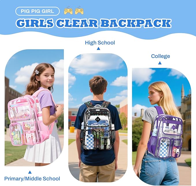 Clear Backpack for School,Heavy Duty PVC Transparent Bookbag for Girls Stadium Approved See Through Backpack