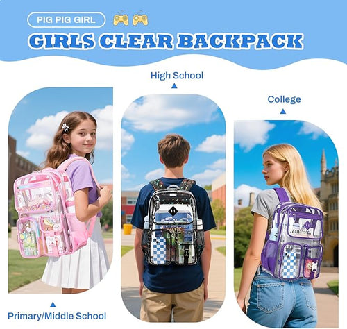 Clear Backpack for School,Heavy Duty PVC Transparent Bookbag for Girls Stadium Approved See Through Backpack