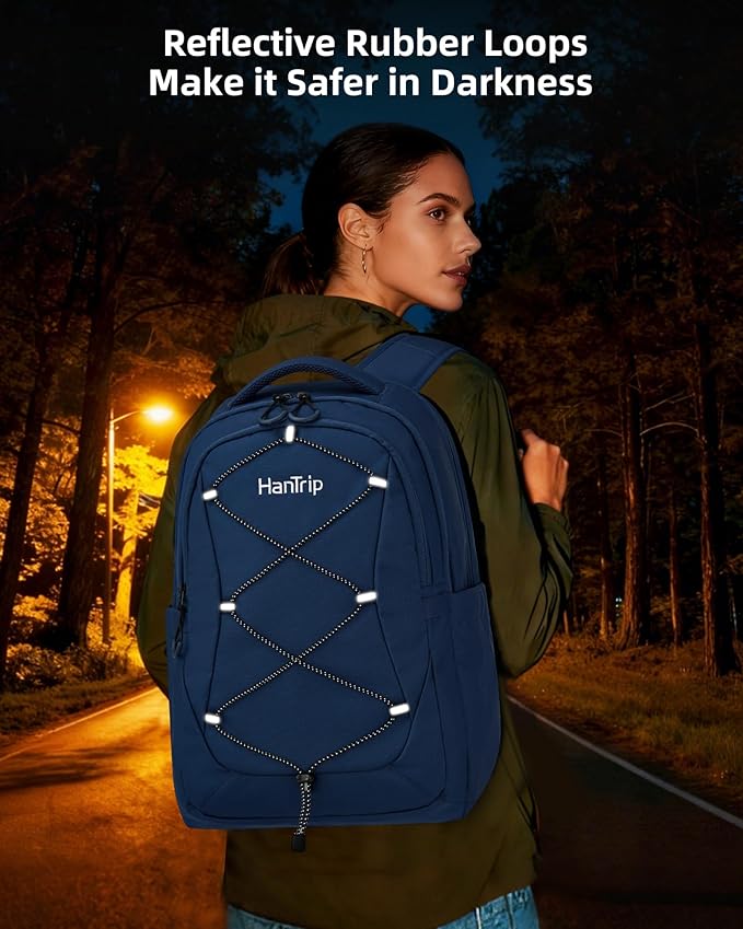 Travel Laptop Backpacks for Women Men, Large Work Backpack for Commuter College School Book Bags, Reflective Water Resistant Backpack with Luggage Strap Bottle Pocket Chest Strap, Navy Blue