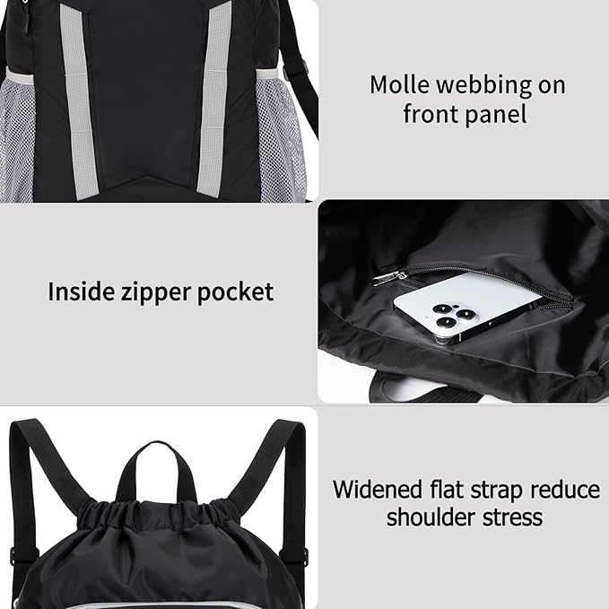 Drawstring Backpack for Kids Sports Gym Bag with Shoes Compartment, Water Resistant Beach Swim Bag String Backpack for Boys and Girls, Black