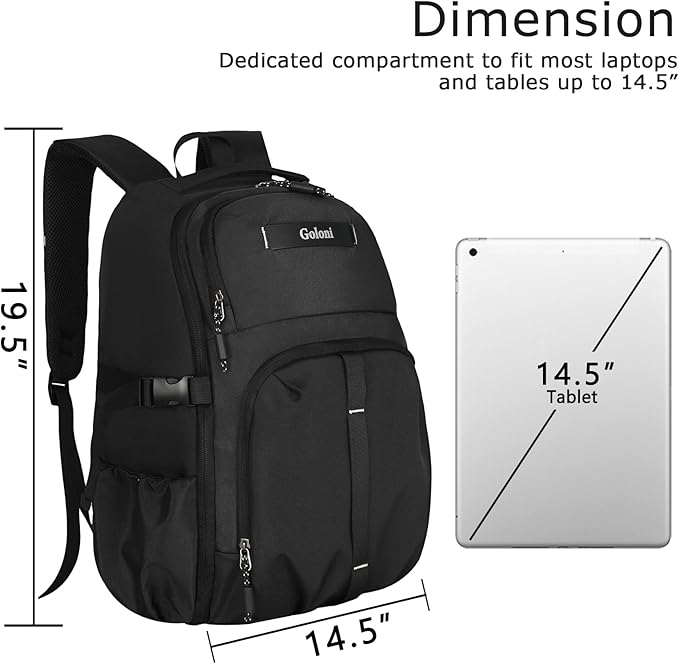 Goloni Airline Approved Travel Backpack 35L - Under Seat Carry On, Water Resistant 15.6 Inch Laptop Compartment for Men Women Work Travel,Black