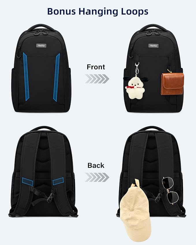 Travel Laptop Backpack Carry On, 18 Inch Large Work Backpack School Book Bags, Light Water Resistant Backpacks for Women Men with Luggage Strap Water Bottle Pocket Chest Strap, Black