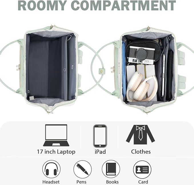 EMPSIGN 17 Inch Laptop Backpack for Women, Work Business Travel Computer College Bags, Large Capacity Water-repellent Quilted Casual Daypack with USB Port, Beige-Light Green