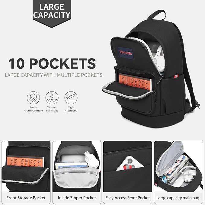 Classic Casual Backpack, Lightweight Daypack with 10 Pockets, Laptop Compartment, EVA Foam Pad (Black)