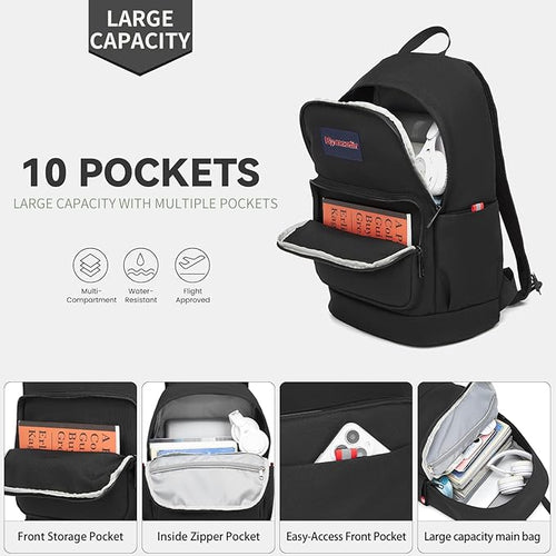 Classic Casual Backpack, Lightweight Daypack with 10 Pockets, Laptop Compartment, EVA Foam Pad (Black)