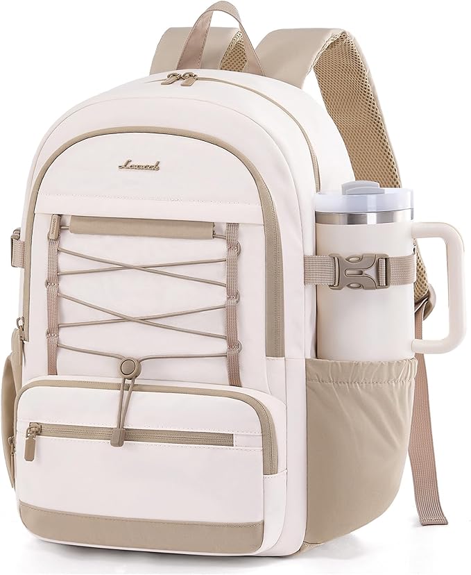LOVEVOOK School Backpack for Teen Girls, Large Capacity College Student Laptop Backpacks with Water Bottle Holder, Cute Backpack Purse for Teenage, Lightweight Casual Travel Backpack，Beige-khaki