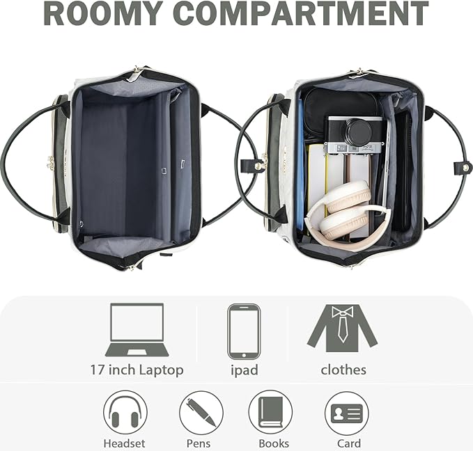 EMPSIGN 17 Inch Laptop Backpack for Women, Work Business Travel Computer College Bags, Large Capacity Water-repellent Quilted Casual Daypack with USB Port, Beige-Army Green