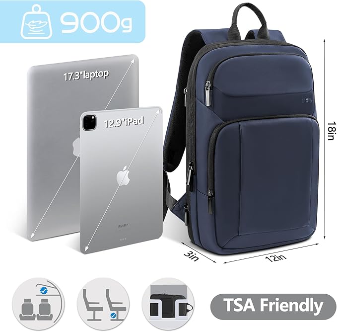 Backpack for Men Slim & Expandable Travel Laptop Backpack with USB Charging Port Water Resistant Anti-Theft Business Backpack Fits 17.3In Laptop for Commute Work College with Small Bag (Navy Blue)