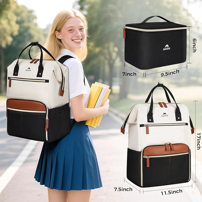 MATEIN Laptop Backpack with Lunch Box, 17.3 Inch Lunch Backpack for Women, College Computer Back Pack Work Backpacks with Insulated Lunchbox Meal Prep Bag for Teacher Nurse Commute Office, 2Pcs Set