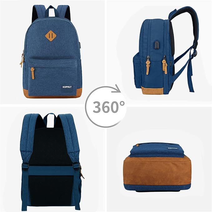 SUPACOOL Lightweight Laptop Backpack with USB Charging Port for Men and Women, Double Layers Backpack for College, Work, Travel, Casual(Navy Blue)