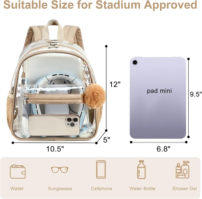 BTOOP Clear Mini Backpack for Stadium Events 12x12x6 Small Transparent Backpacks Plastic See Through Clear Bag for Concerts Work Festival Security Travel Khaki