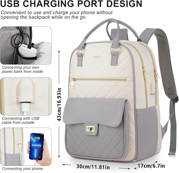 Teen Girls School Backpack,15.6in Laptop Bag for Women,Big Schoolbag for Travel Work Nurse Teacher Uni,Gray-Beige