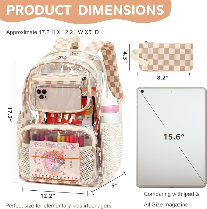 Bluboon Clear Backpack Heavy Duty Kids Boys Clear Bookbag See Through Backpacks with Pencil Case for College Work (Transparent Brown white Checked)